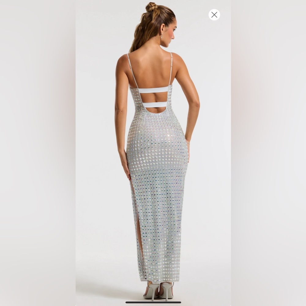 Embellished Square Neck Evening Gown in Silver